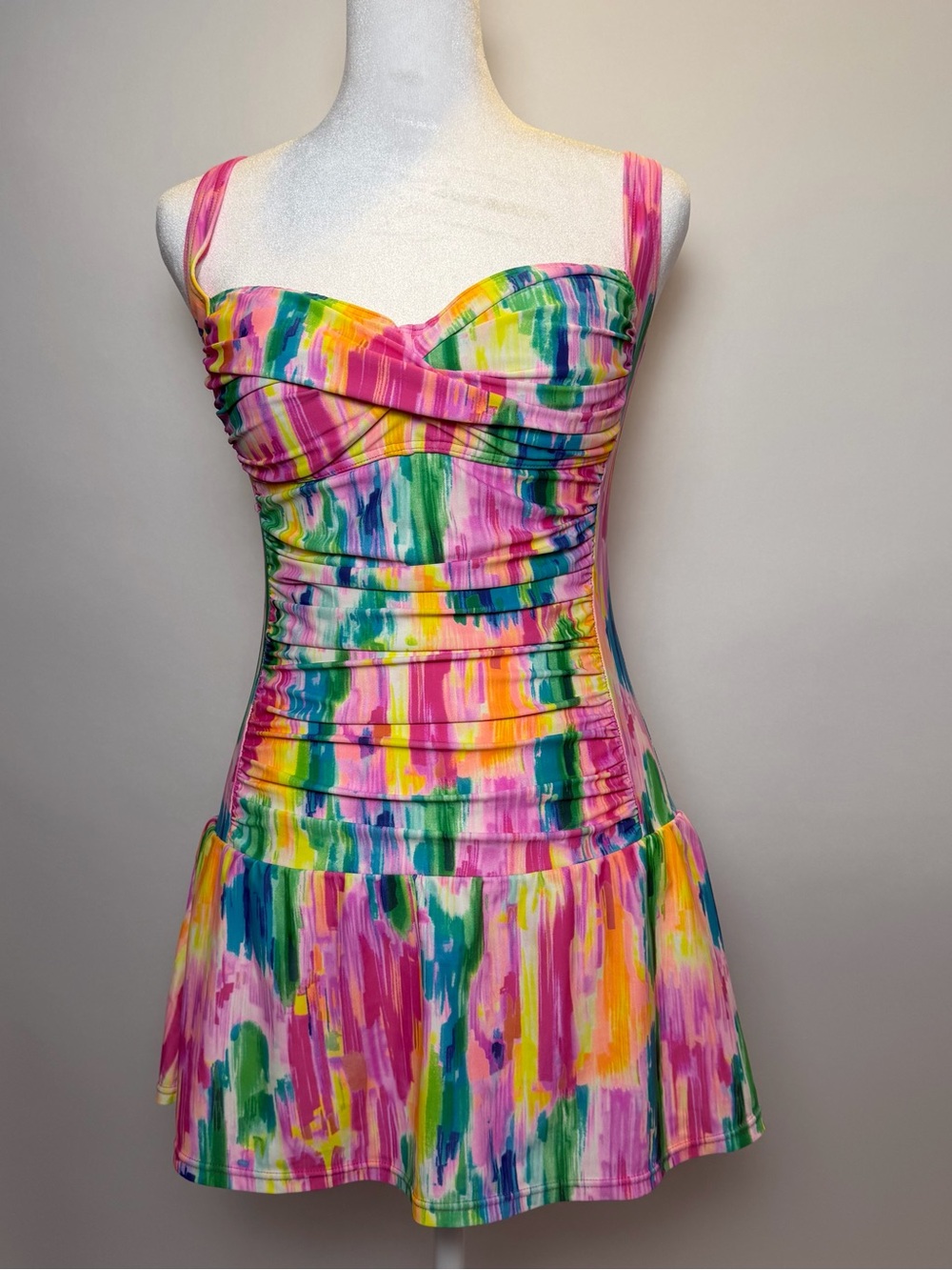 VENUS Multicolor Brushstroke Mini Swim Dress - Pink, Yellow, Green, Blue